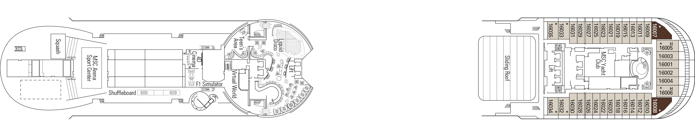 Планы палуб MSC Fantasia: Палуба 16 - AuroraSun Deck